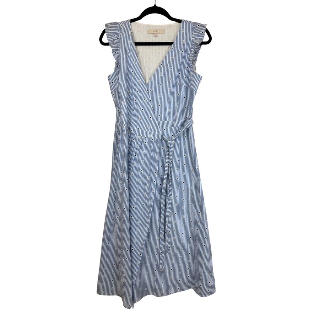 Loft Blue White Striped Floral Ruffle Sleeve Cotton Wrap Midi Dress XS India